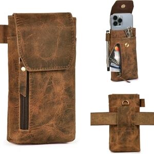 Brown Genuine Leather 7”x3.5” Universal Phone Holster Pouch, Belt Clip